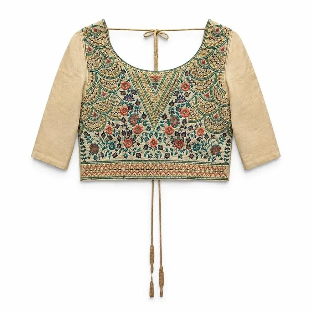 Boho Embroidered Lace Up Crop Blouse